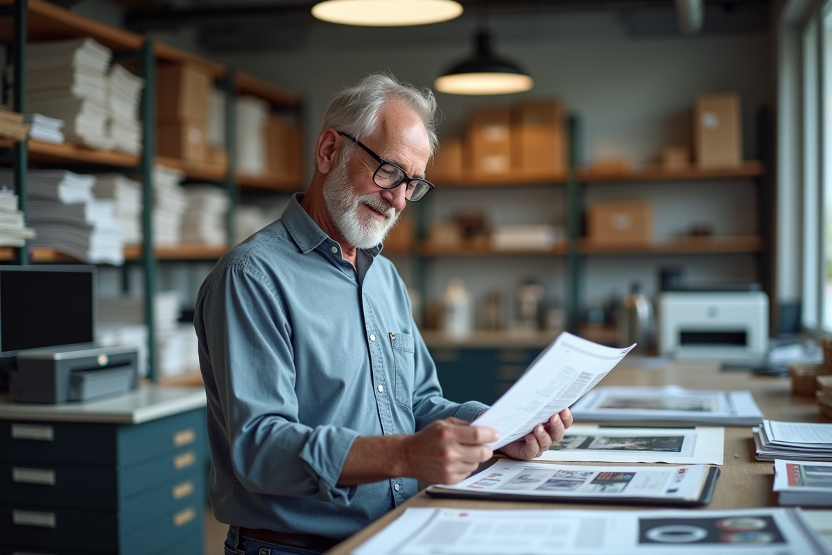 Imprimeur dans son atelier examinant des impressions grand format