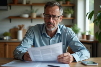 Homme d'âge moyen inquiet lisant des documents à la maison