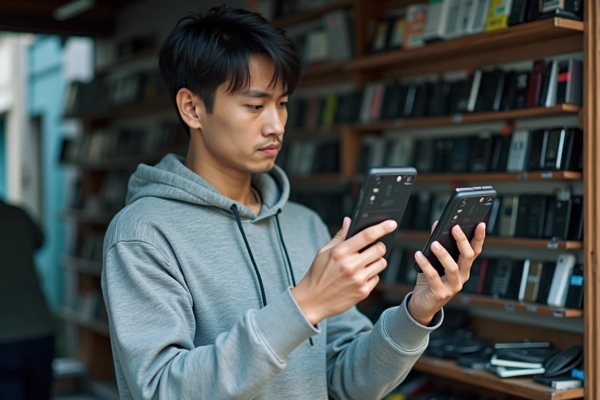 Homme inspectant un Samsung E250 d'occasion dans un marché de téléphones reconditionnés
