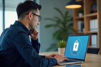 Homme d'âge moyen utilisant un ordinateur pour accéder à un intranet sécurisé