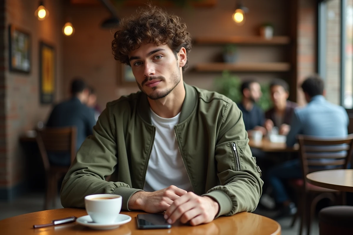 Homme avec un iPhone 14 posé sur une table en bois dans un café urbain avec carnet et expresso