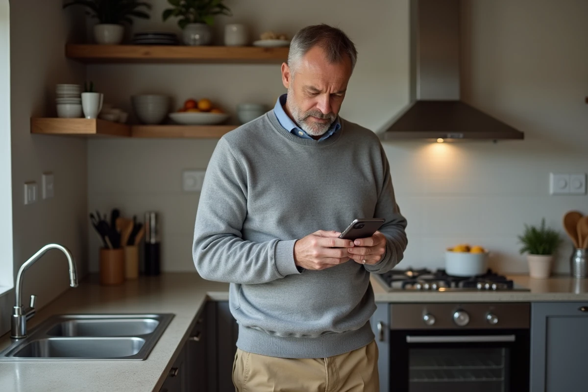 Homme dans une cuisine moderne de Limoges utilisant son t&eacute;l&eacute;phone