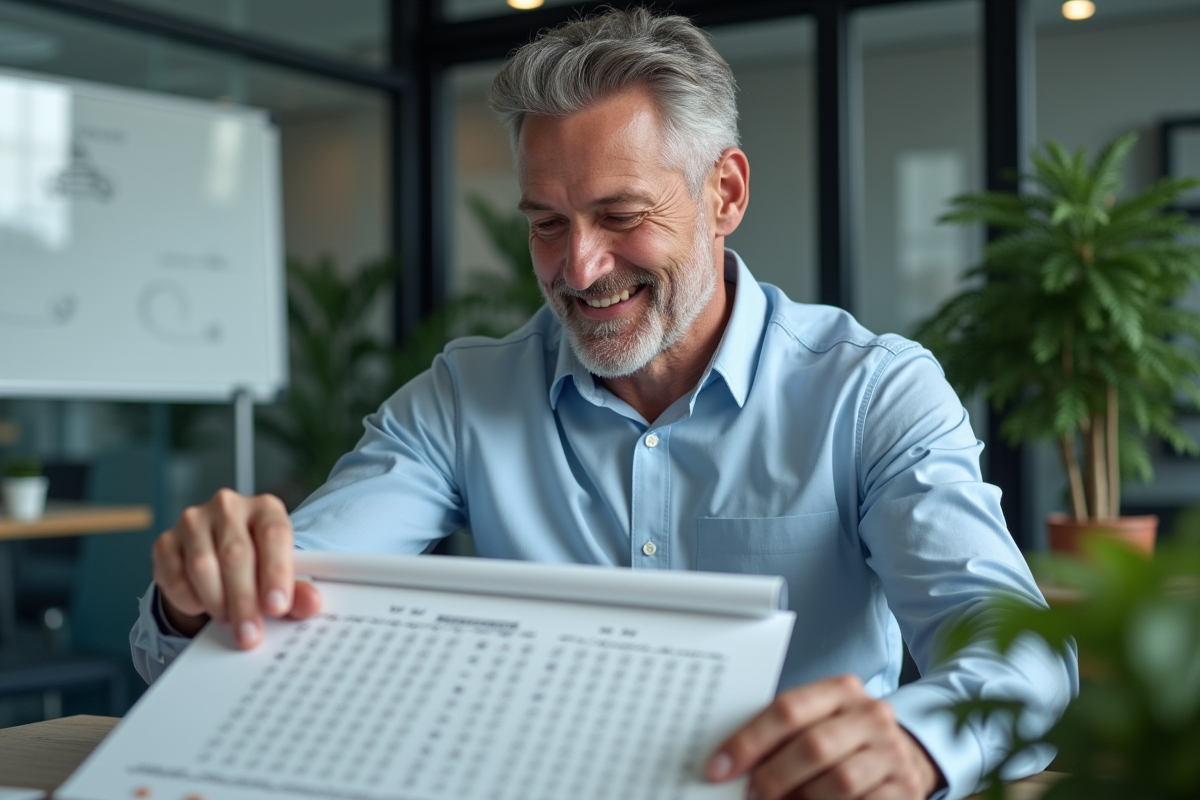 Homme examinant une carte tactile en braille dans un bureau moderne