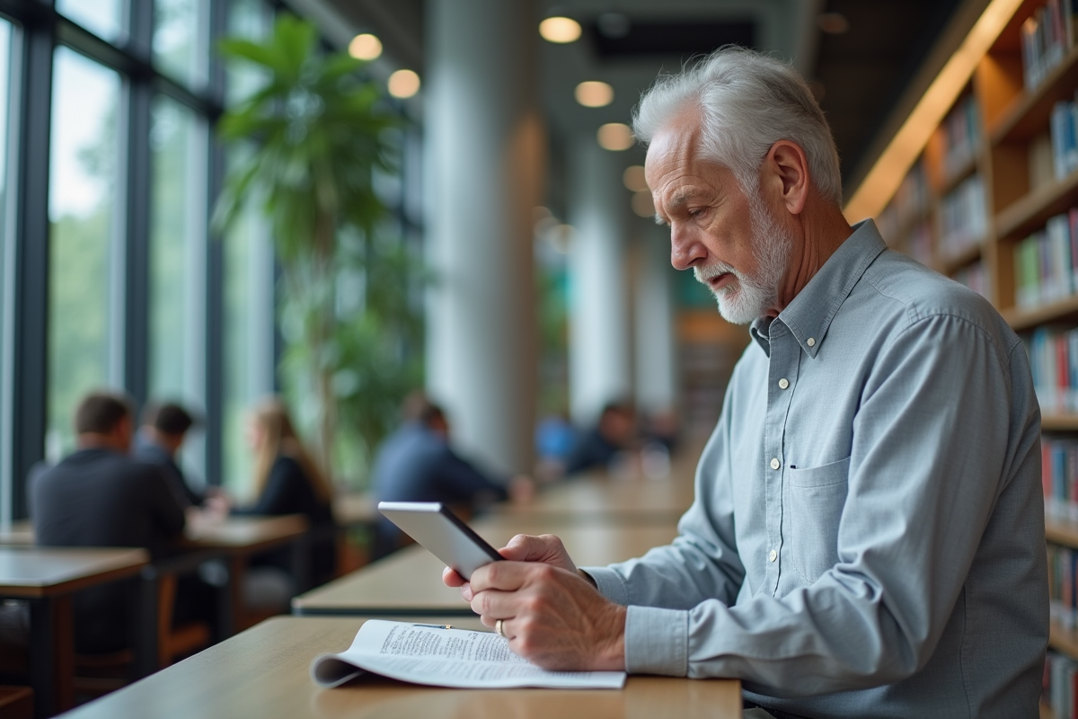 Homme âgé lisant un magazine dans une bibliothèque moderne