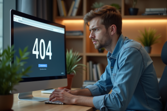 Jeune homme devant un écran 404 dans un bureau moderne
