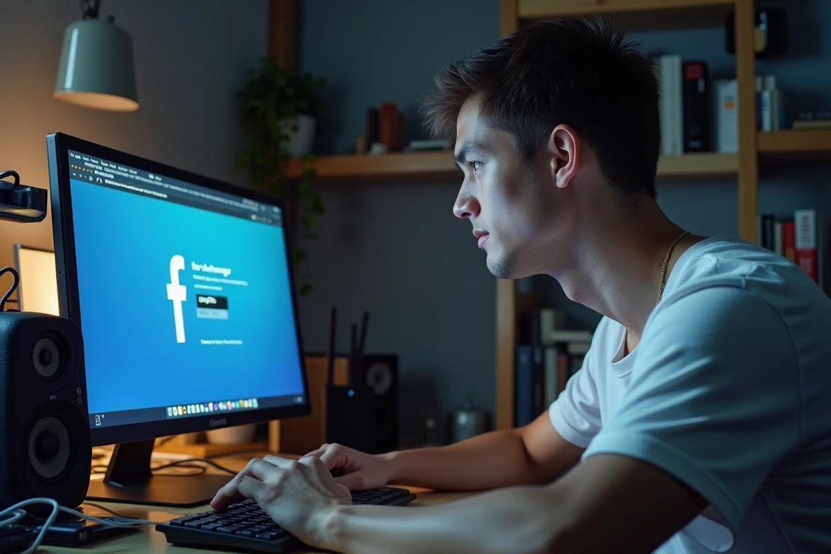 Jeune homme impatient devant un ordinateur portable avec Facebook Messenger qui charge lentement dans un bureau à domicile