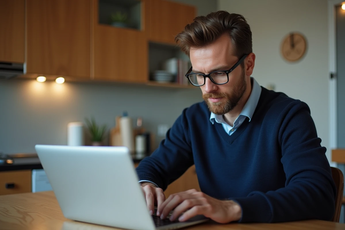 Homme en sweater bleu utilisant un ordinateur pour configurer un réseau