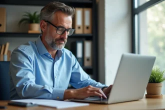 Homme d'&acirc;ge moyen tapant un mot de passe sur son ordinateur