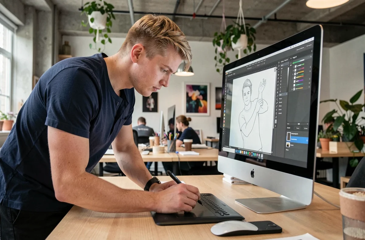 Jeune homme utilisant un logiciel de peinture gratuit sur iMac avec tablette graphique en studio créatif