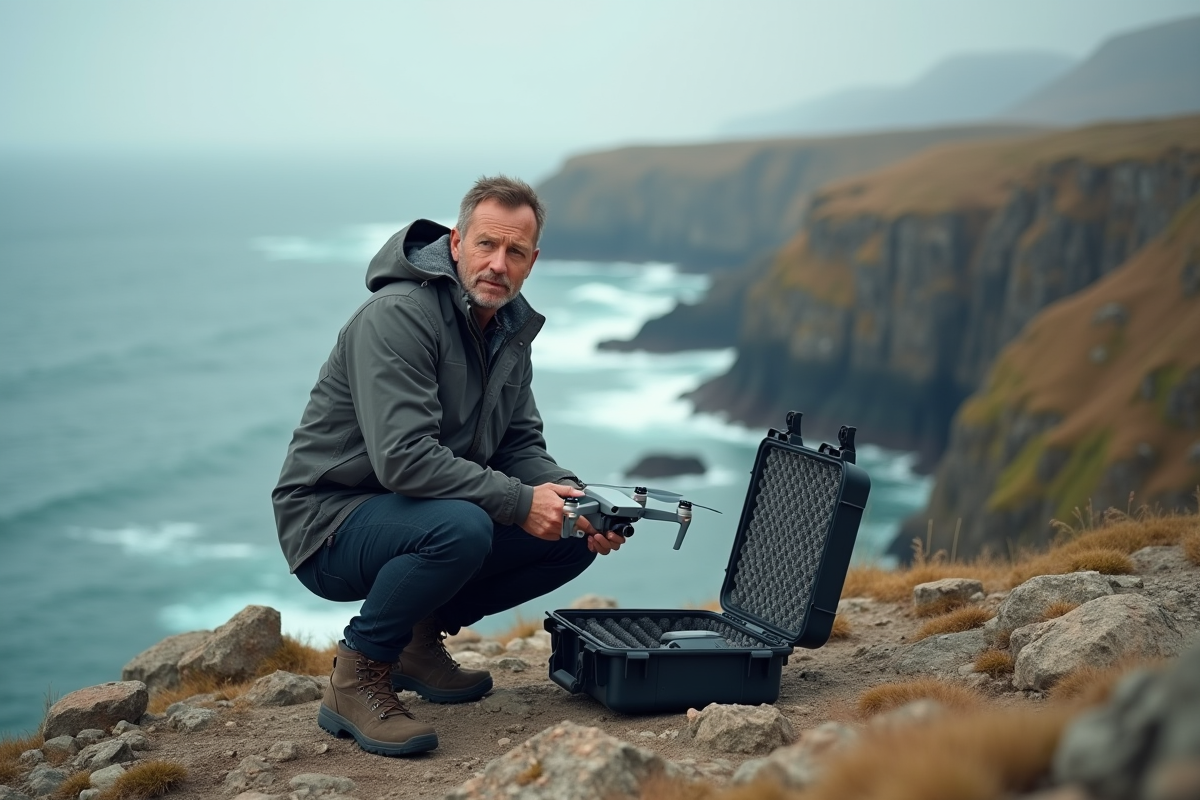 Homme préparant son drone sur une falaise rocheuse