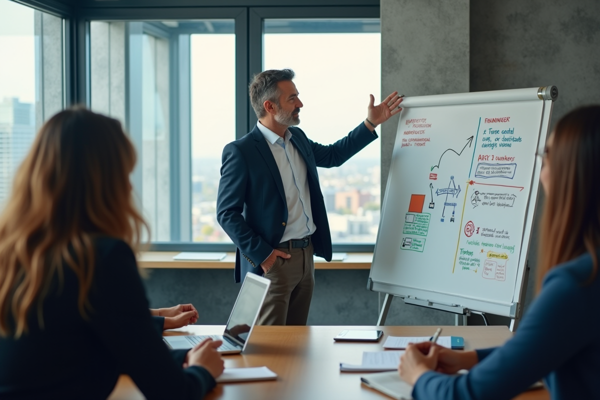 Homme expliquant stratégie marketing devant tableau blanc