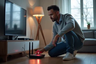 Homme examinent un routeur internet avec erreur dans un salon