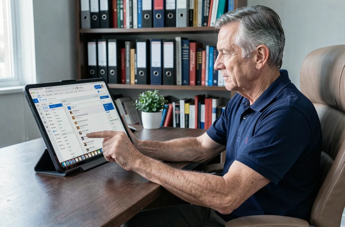 Homme senior consultant sa messagerie Orange sur tablette dans un bureau à domicile