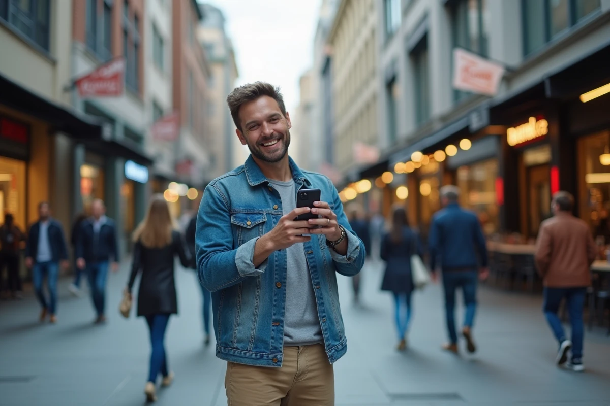 Homme en ville prenant une photo avec son smartphone