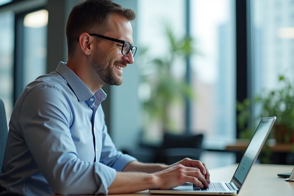Homme souriant réglant la page d