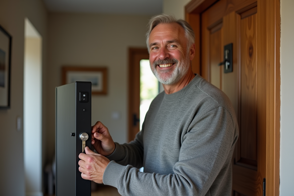 Homme rangeant une clé USB dans un coffre-fort à la maison