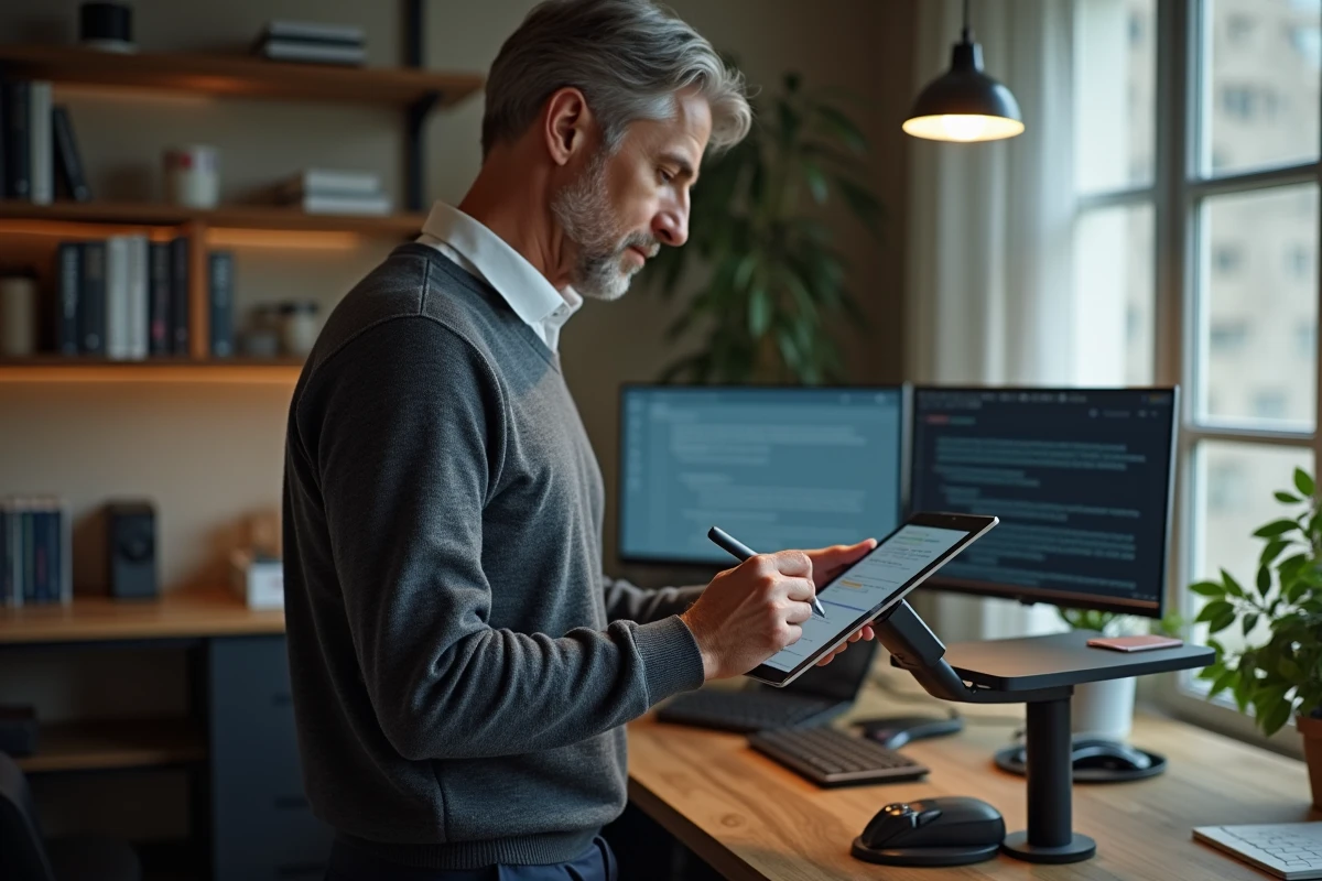 Homme en télétravail annotant des documents partagés via l'ENT de la métropole sur une tablette