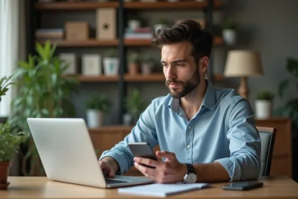 Homme en bureau &agrave; domicile regardant son ordinateur
