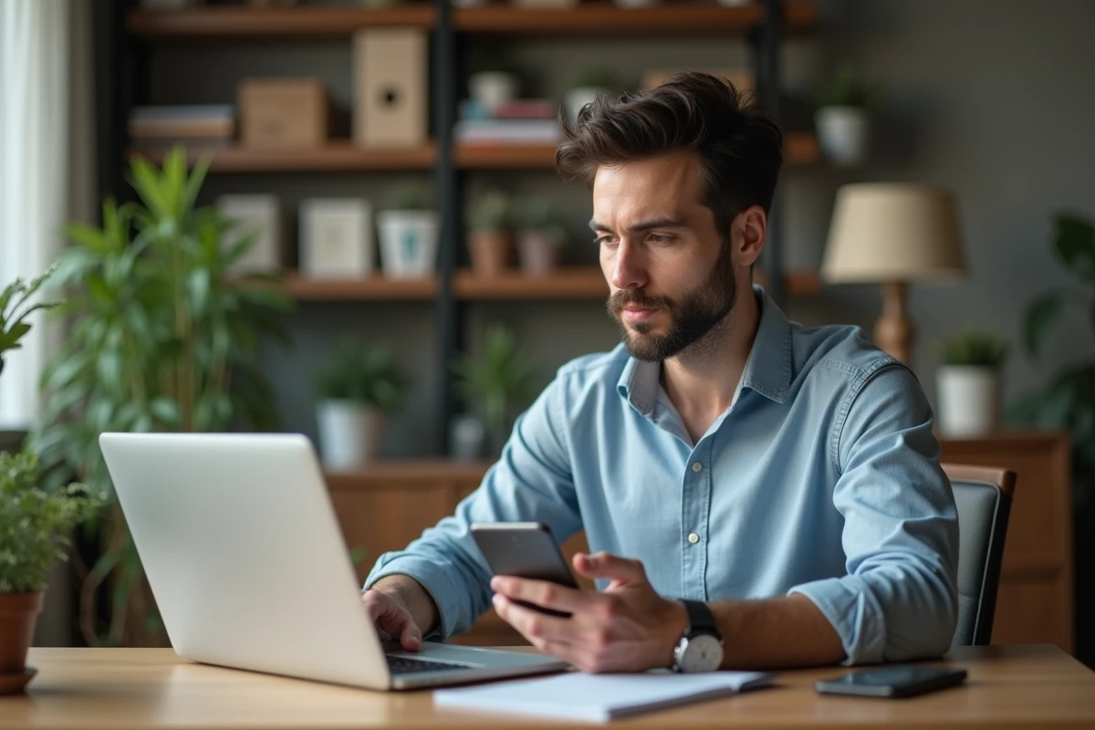 Homme en bureau à domicile regardant son ordinateur