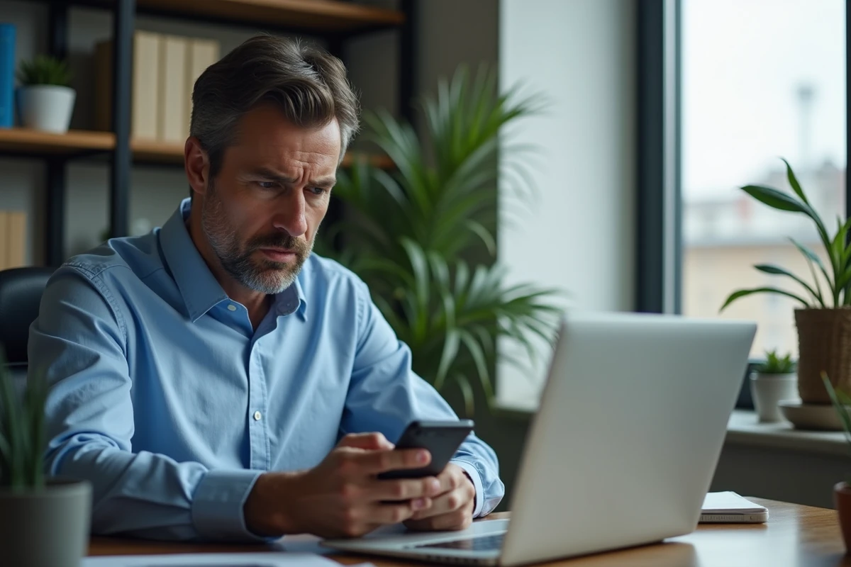 Homme d age moyen travaillant &agrave; domicile avec smartphone et ordinateur