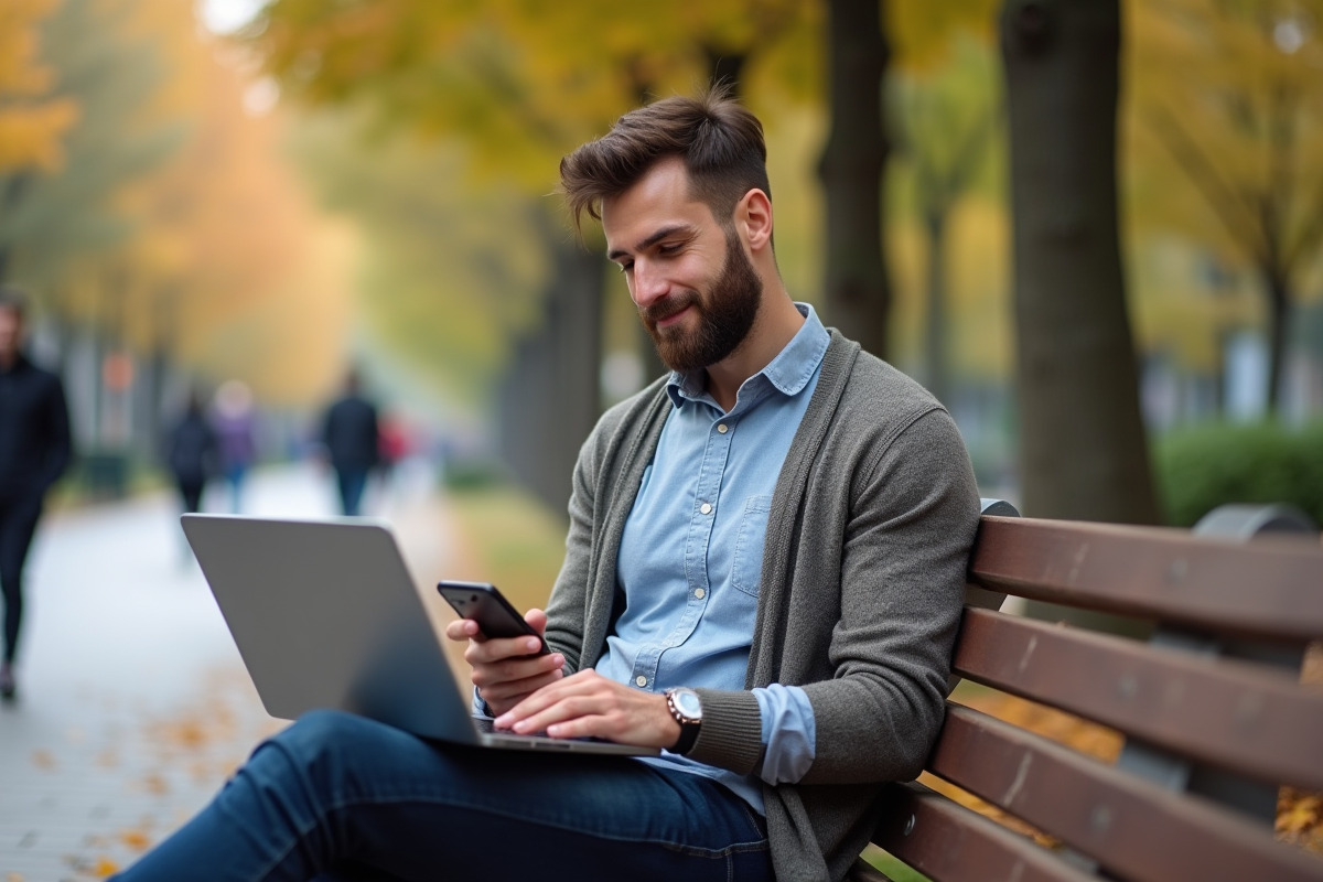 Homme assis dans un parc urbain avec ordinateur portable
