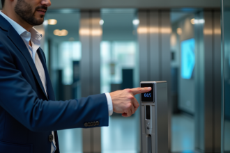 Homme en costume v&eacute;rifiant son empreinte digitale &agrave; un poste de s&eacute;curit&eacute;