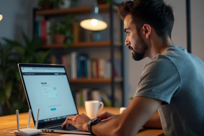 Homme consultant l'adresse IP de sa box internet sur un ordinateur portable dans un bureau à domicile