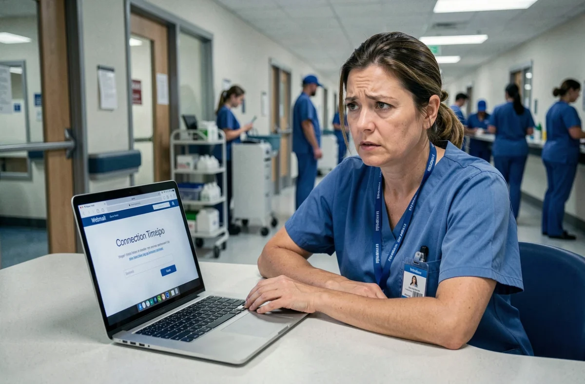 Infirmière hospitalière confrontée à un problème de connexion à la messagerie APHP sur un ordinateur portable