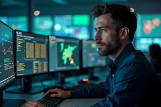 Ingénieur en cybersécurité surveillant des infrastructures critiques depuis un centre opérationnel de sécurité avec plusieurs écrans de monitoring