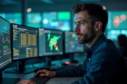 Ingénieur en cybersécurité surveillant des infrastructures critiques depuis un centre opérationnel de sécurité avec plusieurs écrans de monitoring