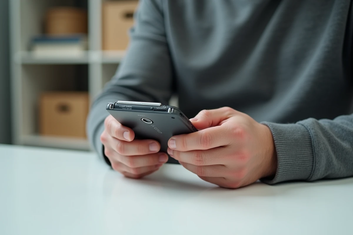Homme inspectant un Sony Ericsson Walkman W580i pour évaluer son état et son authenticité