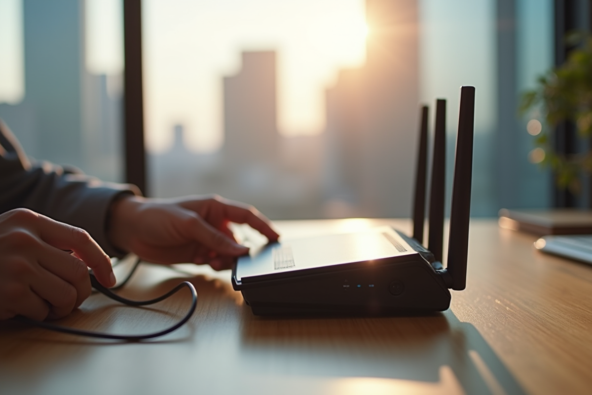 Mains installant un routeur WiFi sur un bureau lumineux