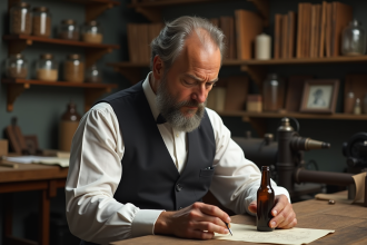 Inventeur homme du d&eacute;but 20e si&egrave;cle examinant un bouchon de bouteille