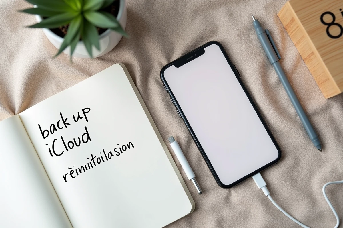 Vue du dessus d'un iPhone affichant les paramètres iCloud posé sur une surface en lin avec un carnet de notes sur la récupération de photos après réinitialisation