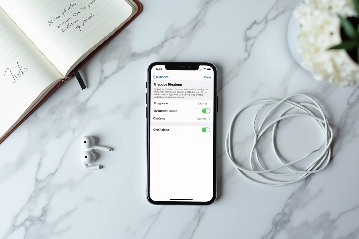 Vue aérienne d'un iPhone affichant les réglages de sonnerie iOS posé sur marbre blanc avec écouteurs filaires et notes manuscrites