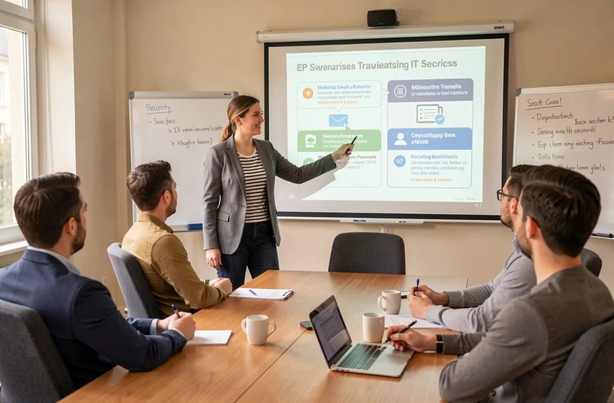 Formatrice d'Izitek animant une session de sensibilisation à la cybersécurité pour des employés de PME en salle de réunion