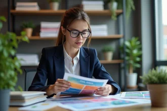 Jeune femme en bureau examinant des flyers colorés