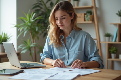 Jeune femme en bureau comparant formats de papier