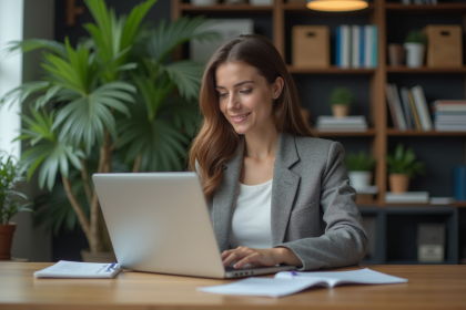 Jeune femme au bureau travaillant sur son ordinateur portable