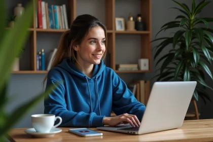 Jeune femme en hoodie bleu travaillant sur son ordinateur dans un bureau cosy