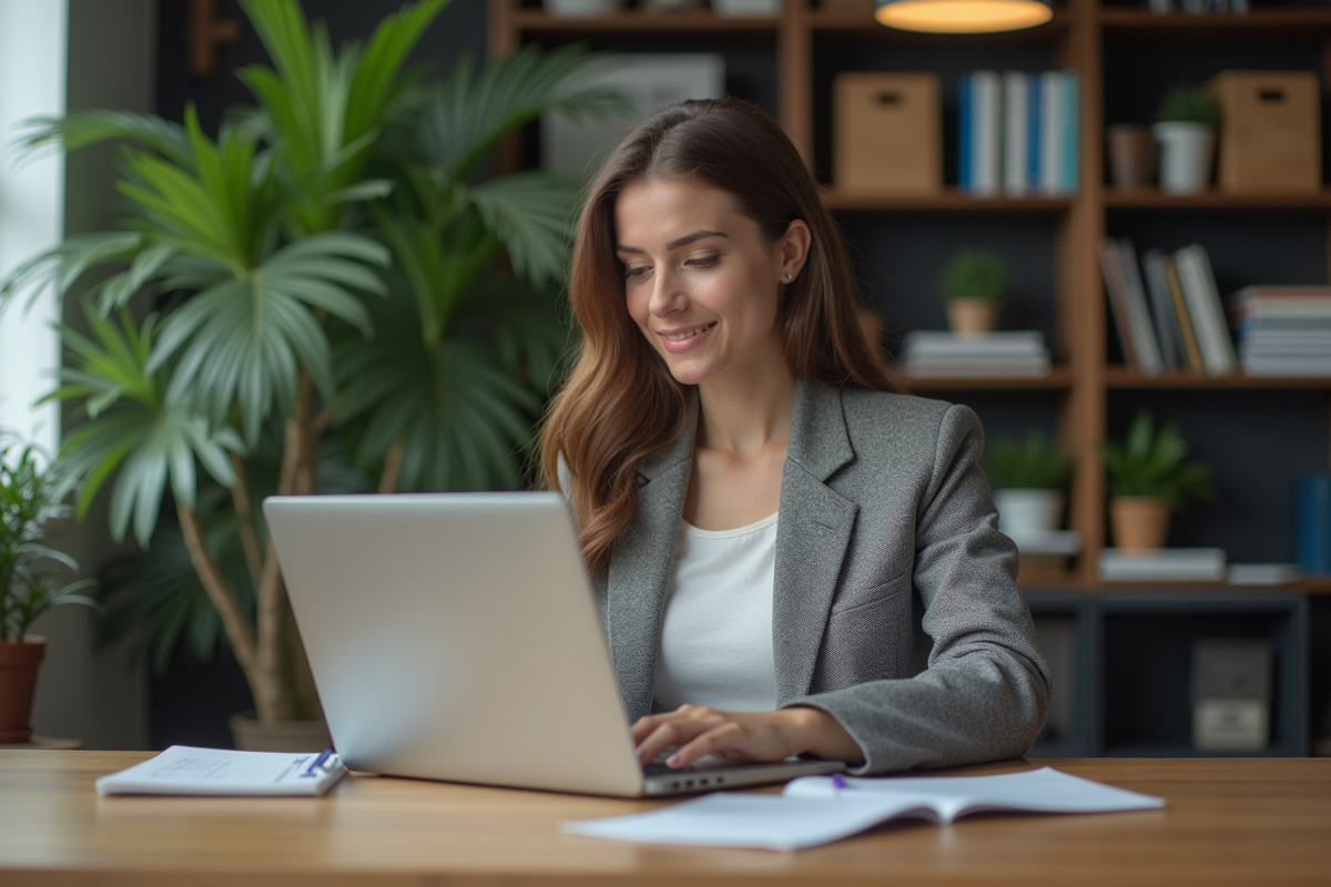 Jeune femme au bureau travaillant sur son ordinateur portable