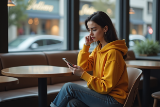 Jeune femme assise au café regardant son smartphone