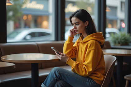 Jeune femme assise au café regardant son smartphone