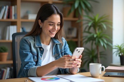 Jeune femme souriante crée une affiche sur smartphone dans un bureau lumineux