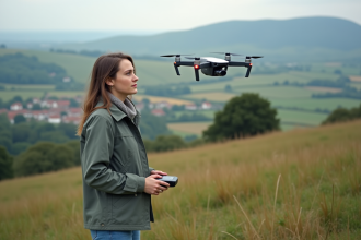 Jeune femme en plein pilotage de drone en nature