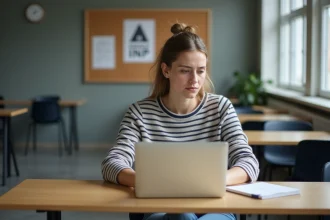 Jeune femme concentrée sur son ordinateur dans un espace universitaire