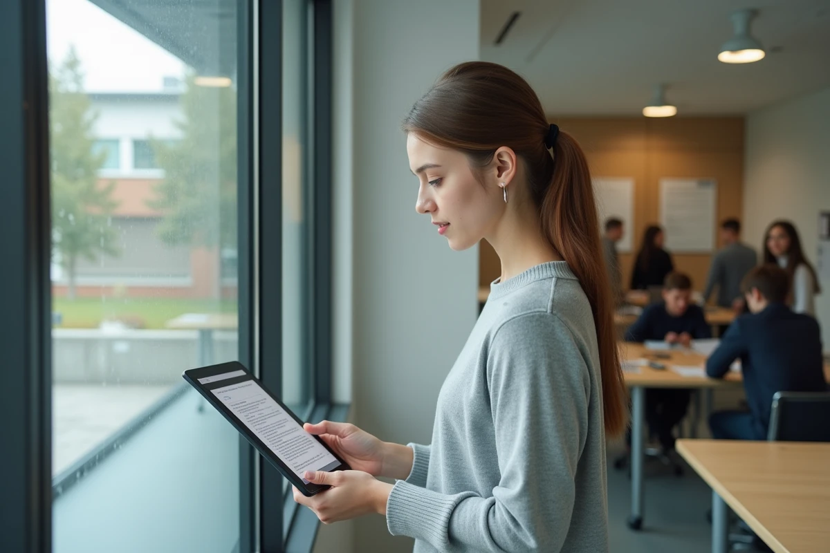 Jeune femme étudiant une politique de confidentialité sur une tablette