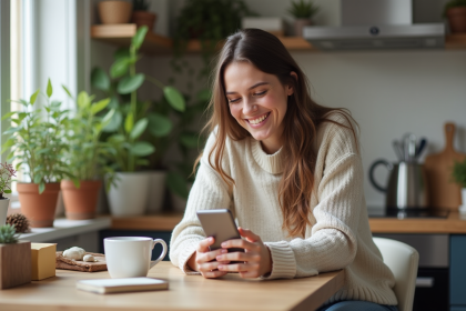 Jeune femme souriante avec smartphone dans une cuisine moderne