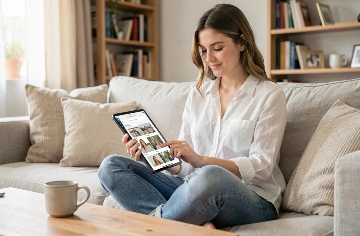 Jeune femme sur un canapé utilisant une tablette pour fusionner des images JPG en un seul fichier pour un dossier en ligne