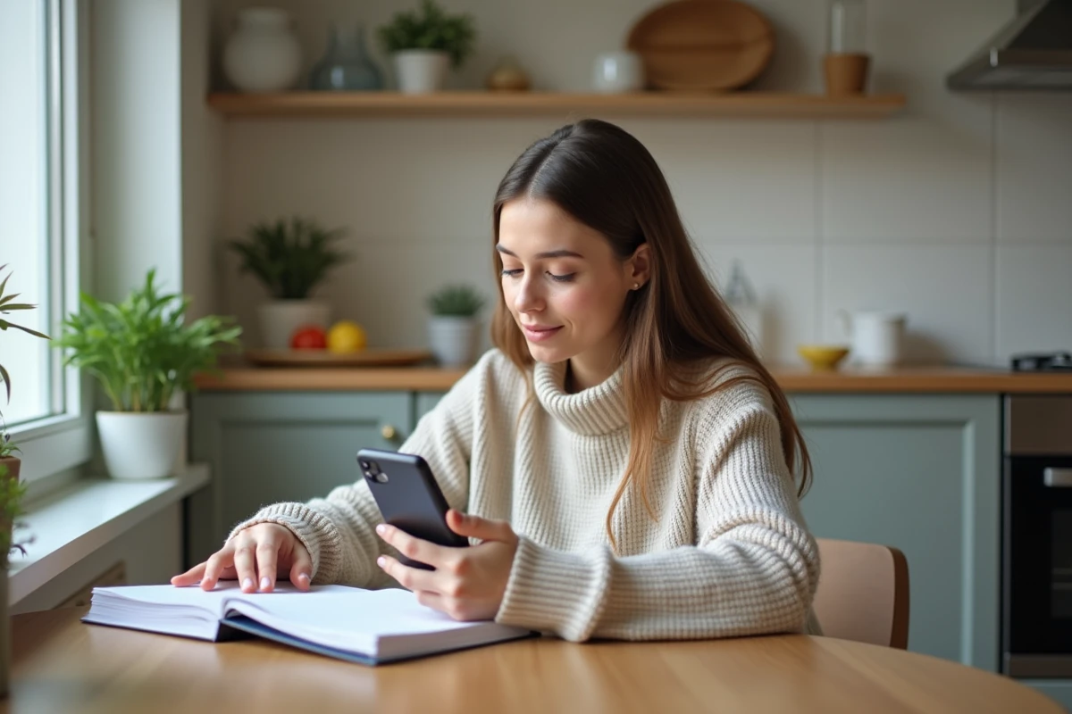 Jeune femme utilisant son smartphone et son carnet de mots de passe